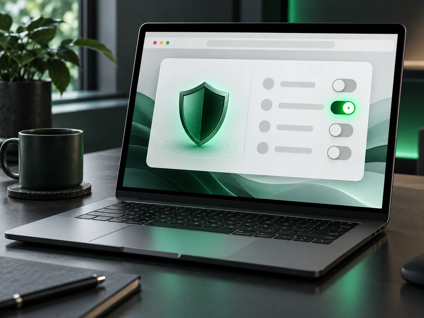 Baner zgód na cookies z tarczą i przełącznikami na ekranie laptopa - wdrożenie Consent Mode v2