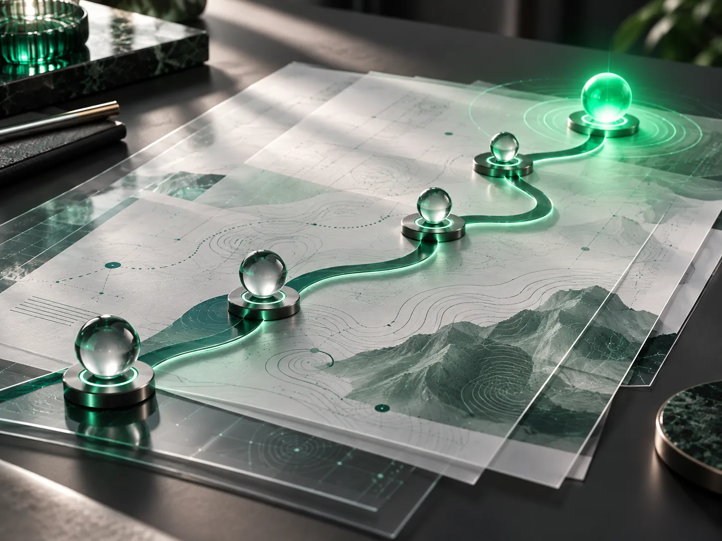 Blueprint strategii z warstwami i etapami na biurku - przygotowanie strategii GEO