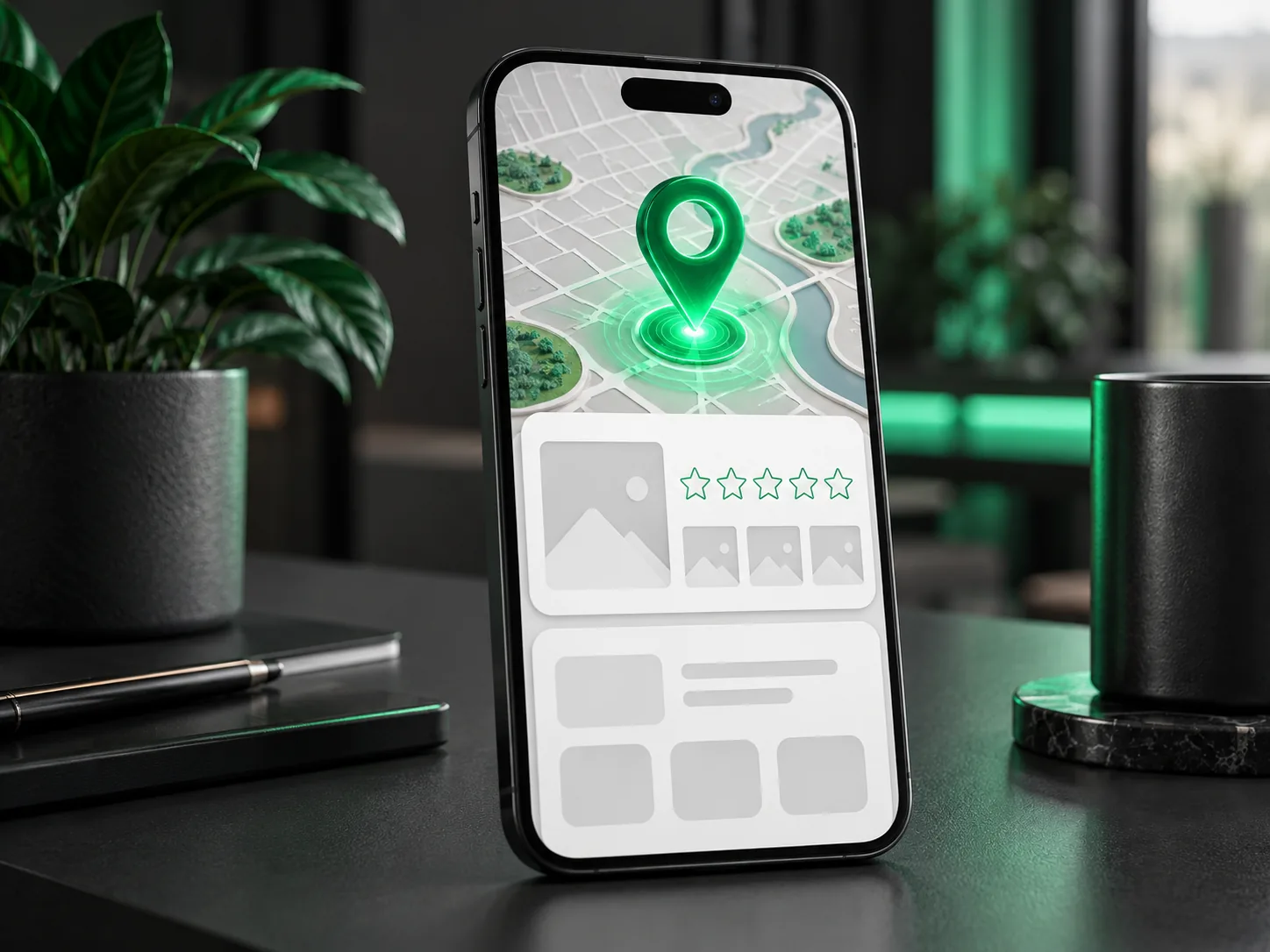 Profil lokalnej firmy z pinezką i oceną na ekranie telefonu - wizytówka Google
